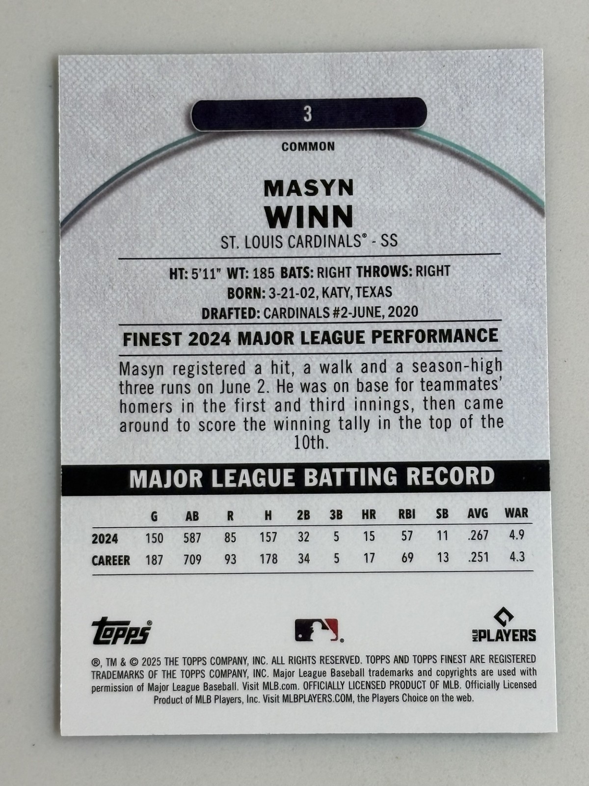 Masyn Winn 2025 Topps Finest Common Green Refractor /75 #3 St. Louis Cardinals