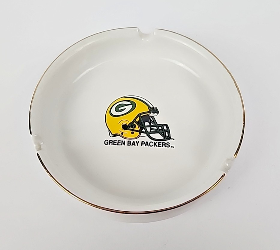 GREEN BAY PACKERS 3 Slot Ashtray Gold Rim 4-1/2″ Inches Round Ceramic 1990’s