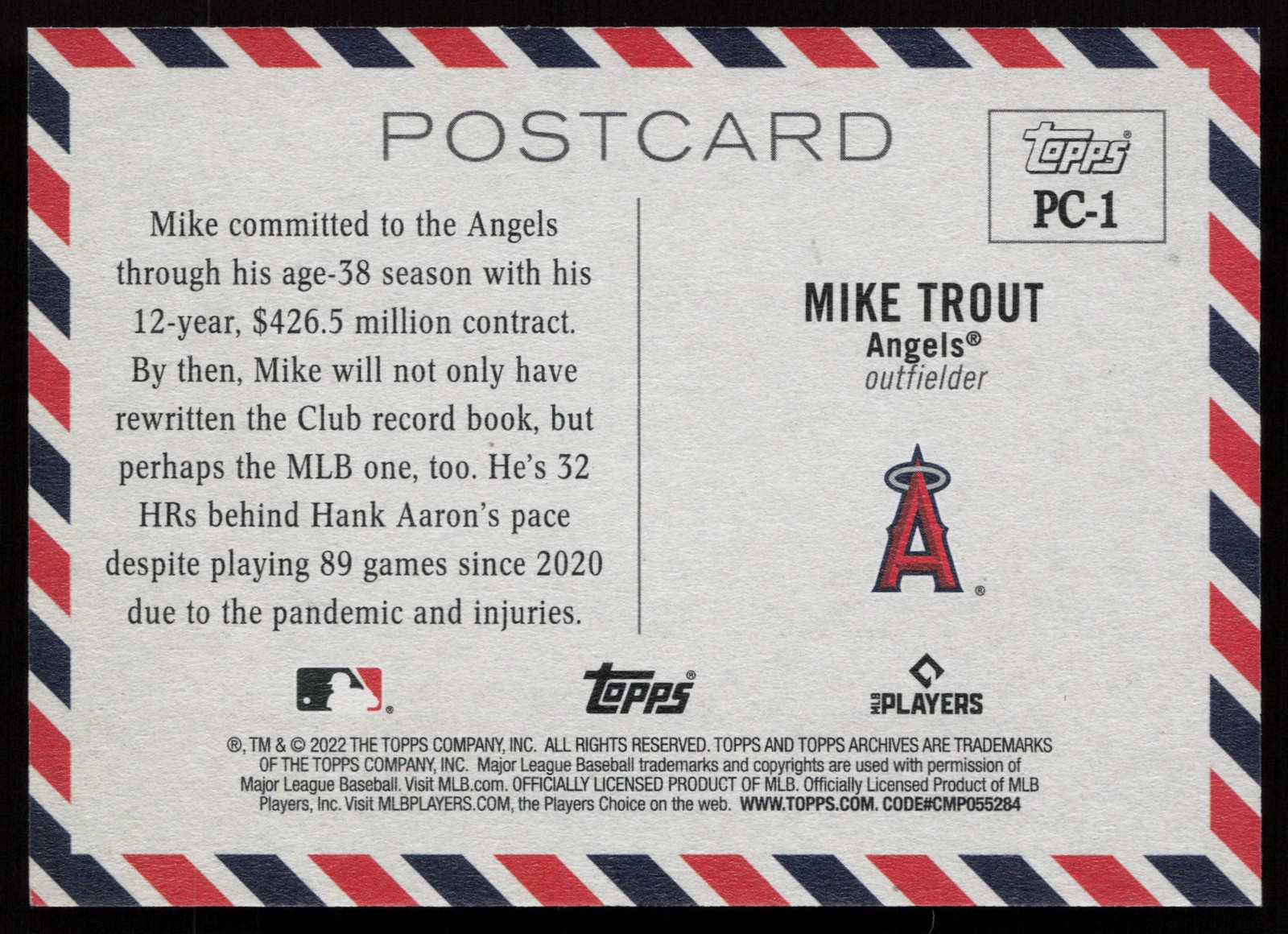 2022 Topps Archives #PC-1 Mike Trout Topps Postcards Los Angeles Angels