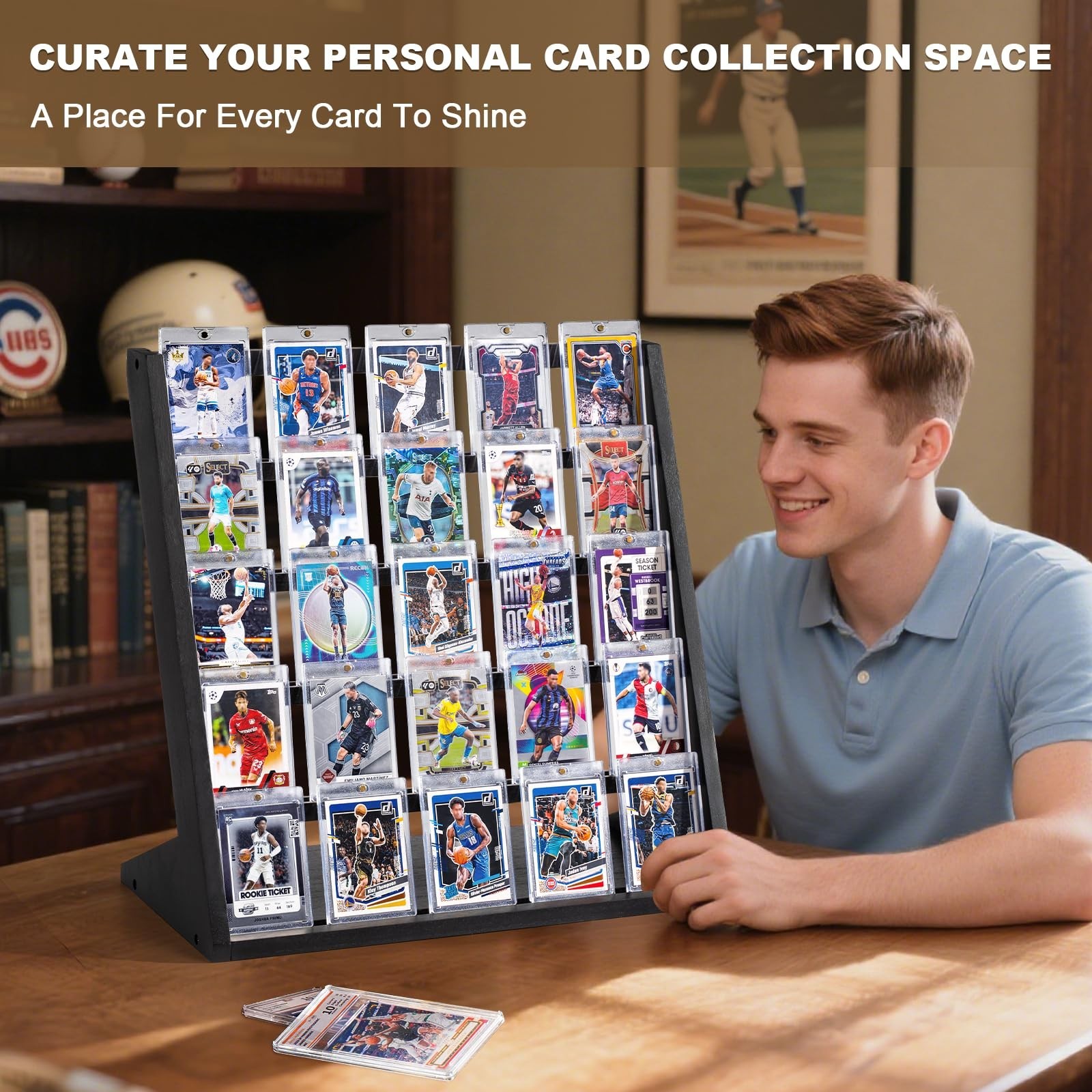 5-Tier Wooden Trading Card Display Stand for Sports Cards Collection & Showcase