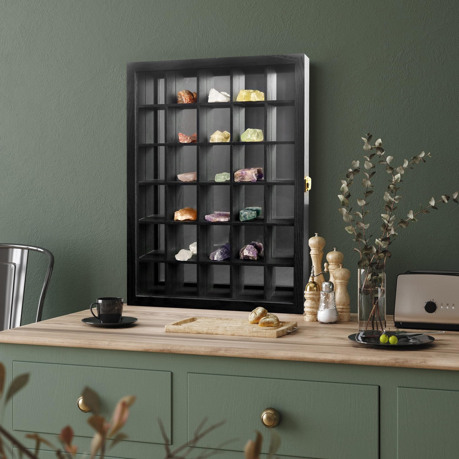 Black Shot Glass Display Case 30 Slots with Mirror Background Large Wooden Ca…