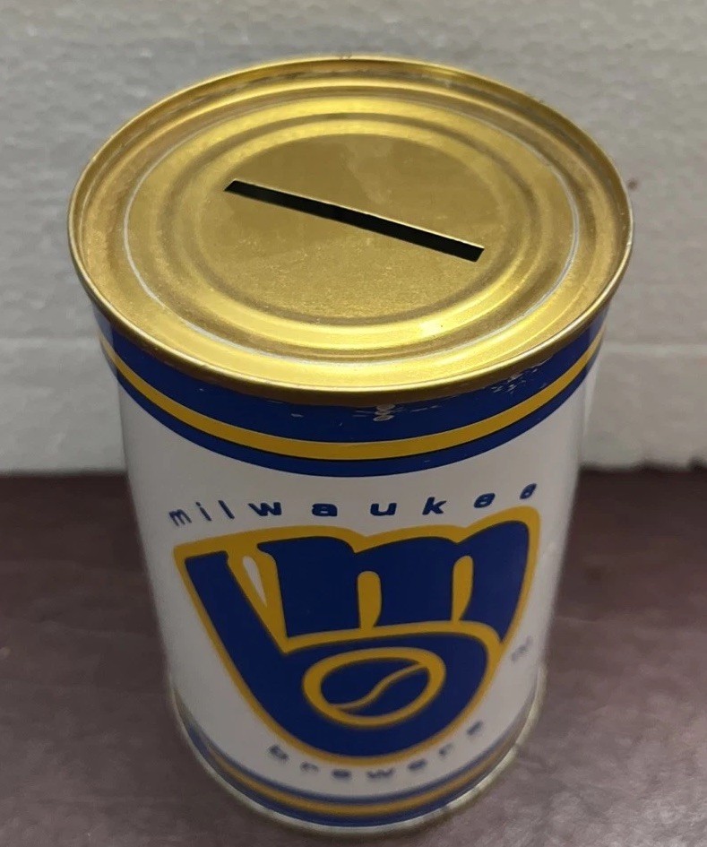 Vintage MLB Baseball Tin Can Coin Bank 1984 Milwaukee Brewers 4.5 In Tall Yount!