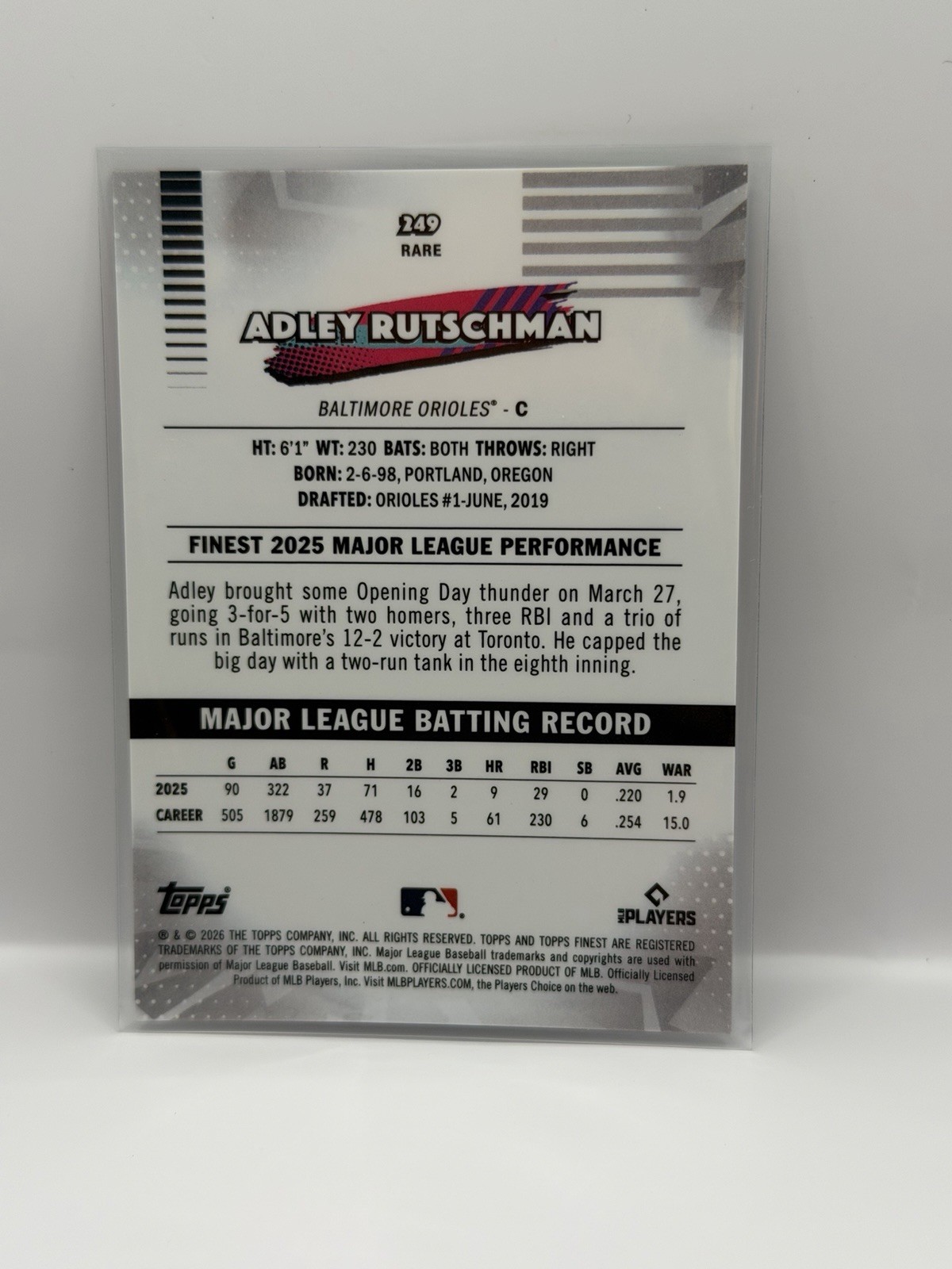 2026 Topps Finest 249 Rare SP Rutschman 40/75
