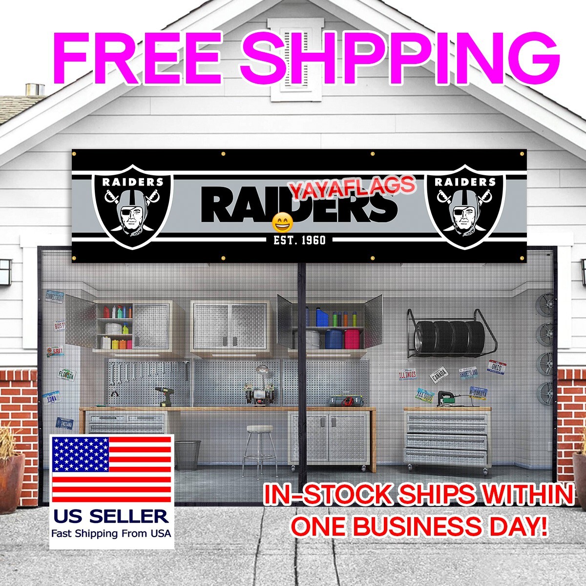 Oakland Raiders 2×8 Foot American Flag Banner New Las Vegas FREE Shipping