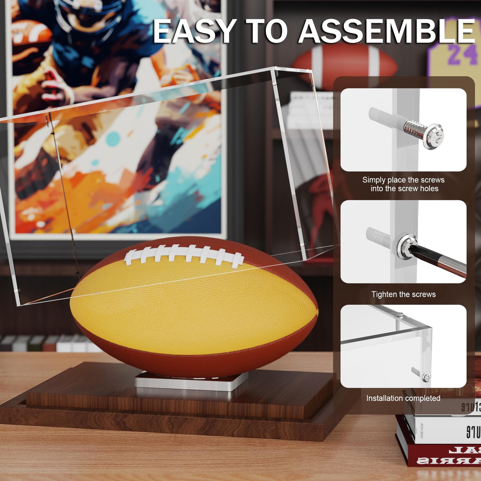 VGMiu Football Display Case with Wood Base, Acrylic Case, Clear