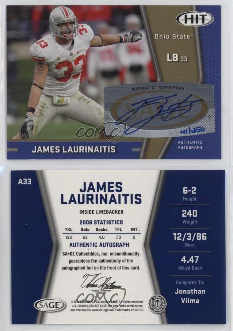 2009 SAGE Hit Gold /250 James Laurinaitis #A33 Rookie Auto RC 00jz