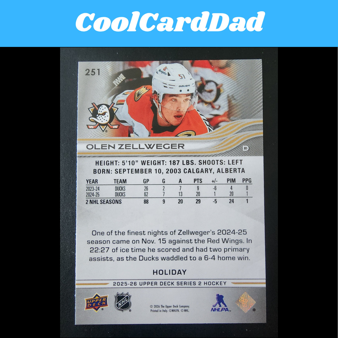 2025-26 UD Series 2 Holiday Green Foil Olen Zellweger Anaheim Ducks #251