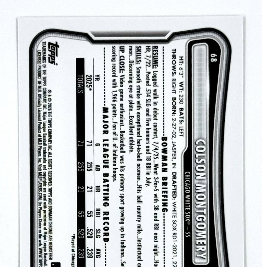 2026 Bowman Baseball Colson Montgomery #68 Rookie Red Logo Variation SSP