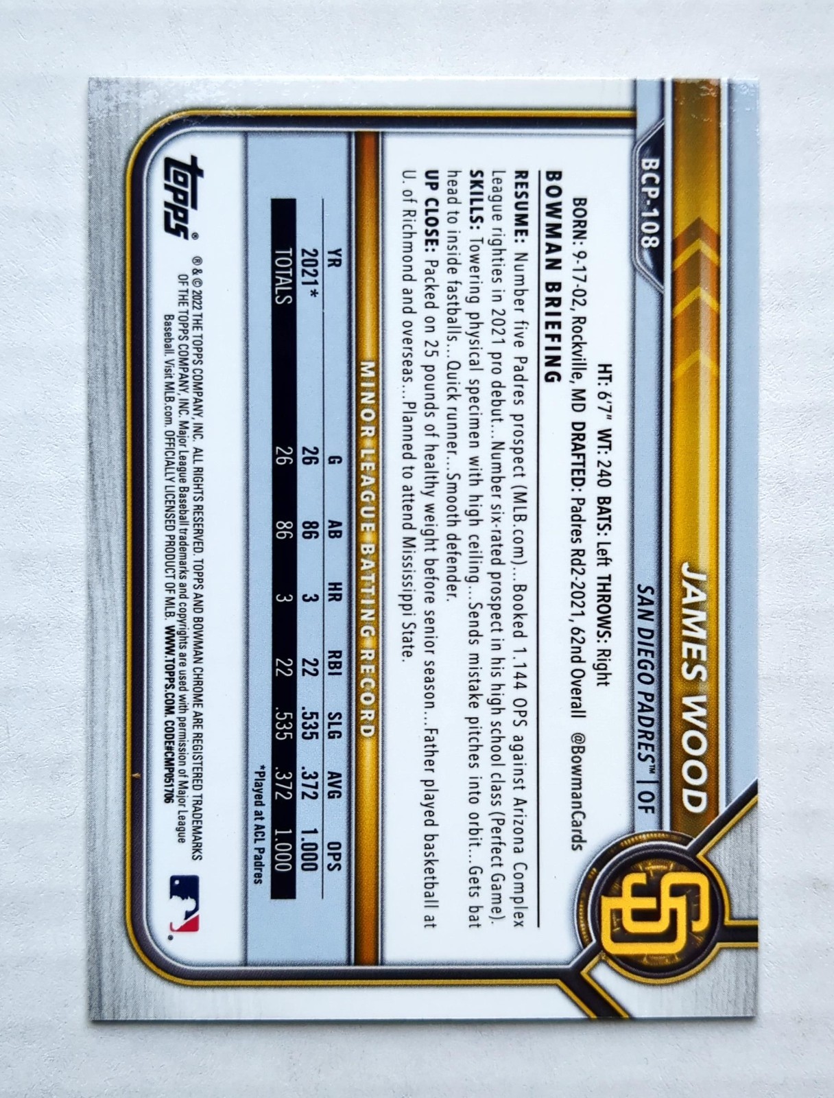 2022 Bowman Chrome James Wood 1st #BCP-108 RC Rookie Nationals Padres