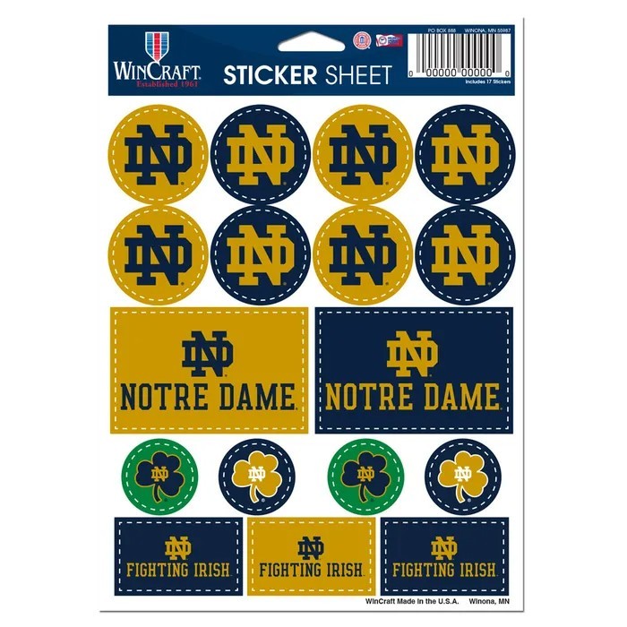 Notre Dame Fighting Irish 5 x 7 Sticker Sheet Free Shipping