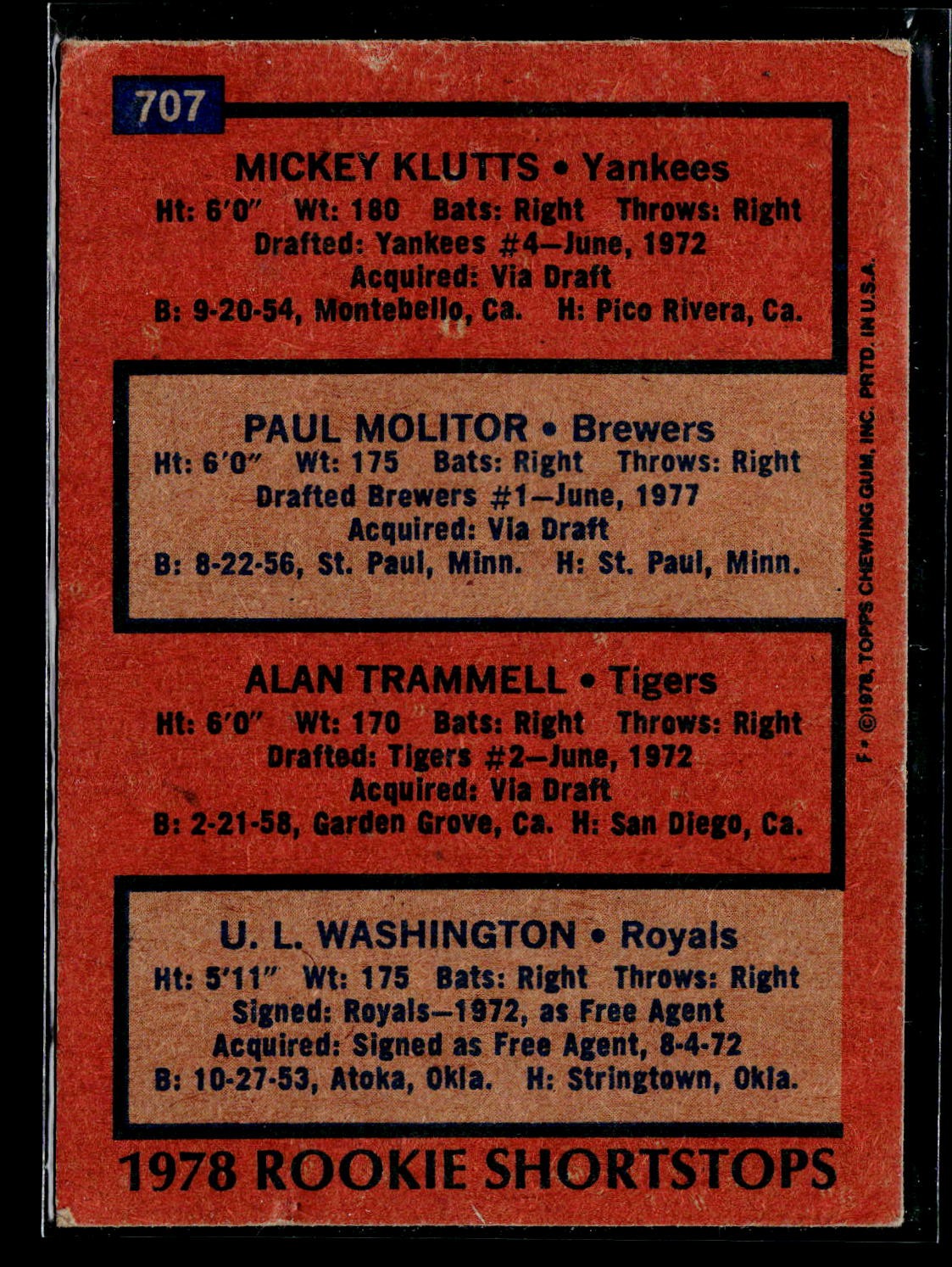 1978 Topps #707 1978 Topps Paul Molitor / Alan Trammell Rookie