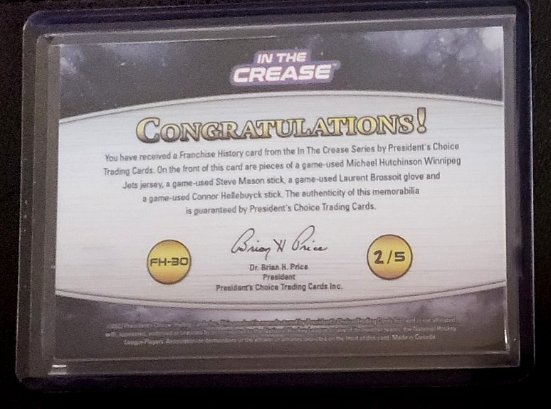 2/5 2022 PRESIDENTS CHOICE TRADING CARDS. IN THE CREASE 4 player patch WINNIPEG