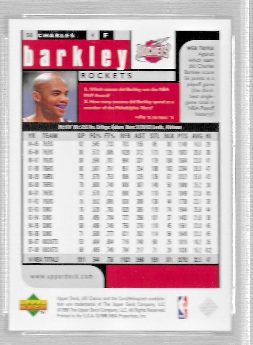 1998 UD CHOICE BASKETBALL CARD #50 HOF CHARLES BARKLEY PSA 10 POP 7 ROCKETS
