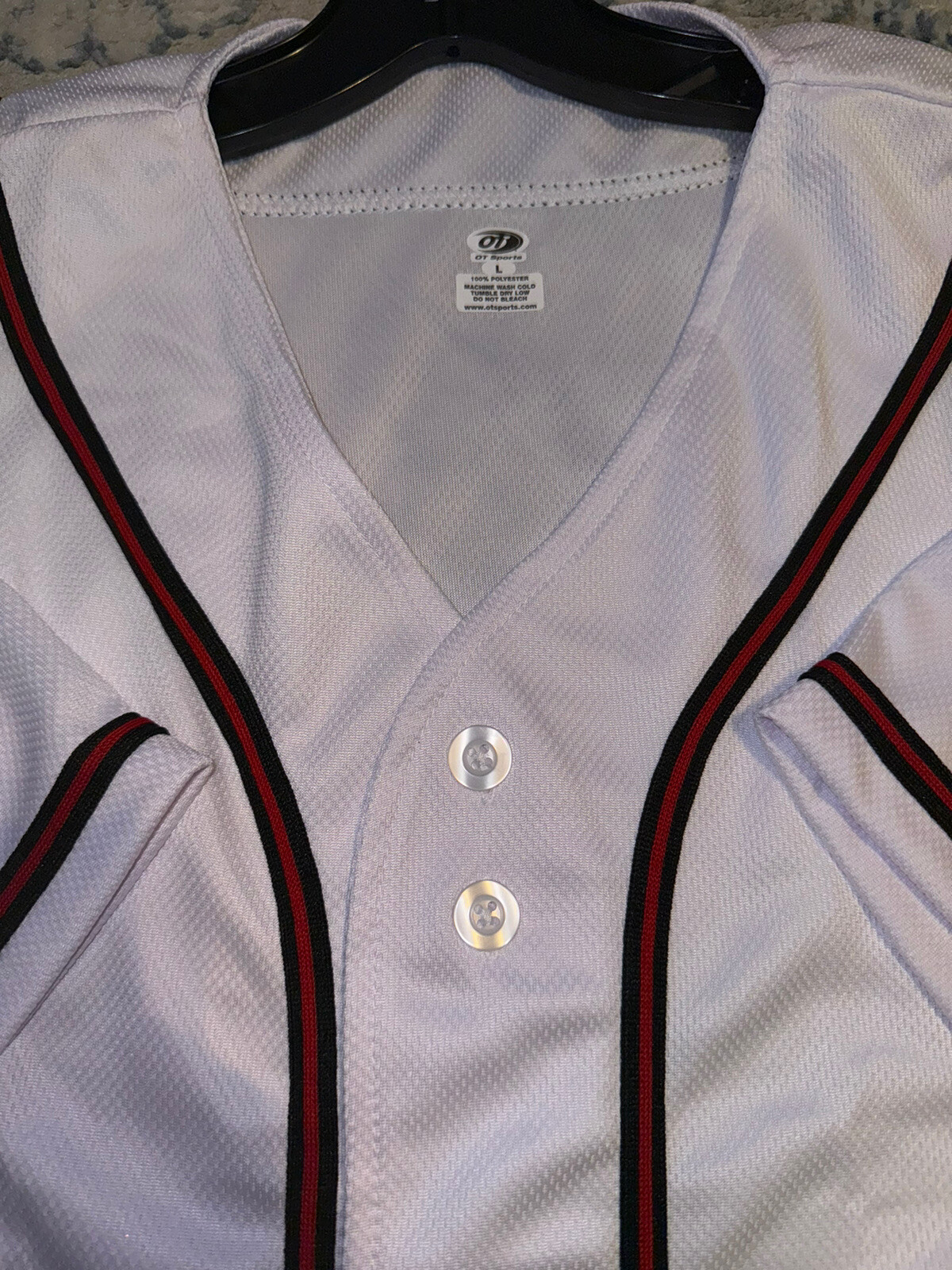 OT Sports Mens White and Red/Black Stripes Button Up Baseball Jersey Size Large