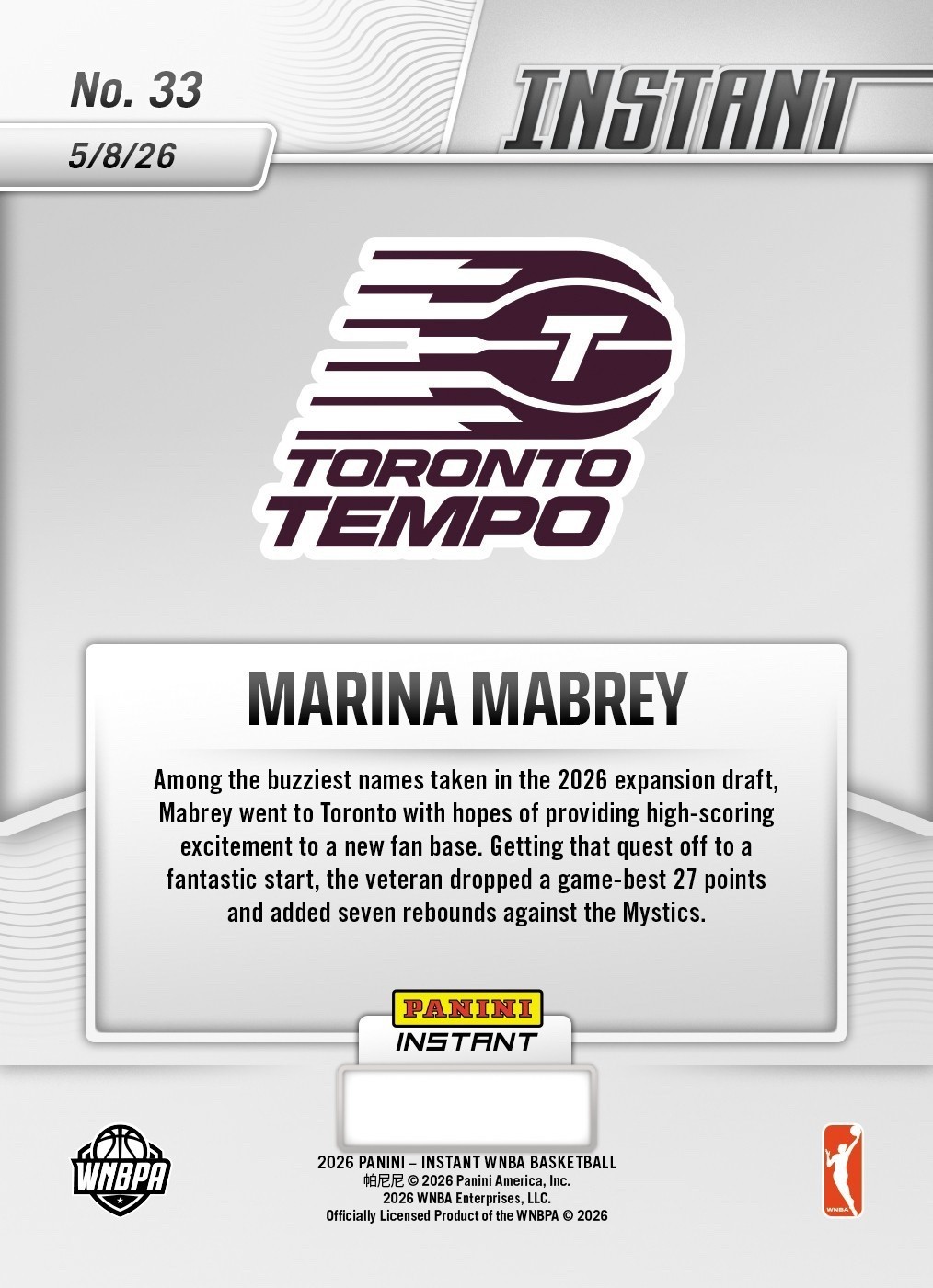 2026 Panini Instant WNBA #33 Marina Mabrey Toronto Tempo – QTY