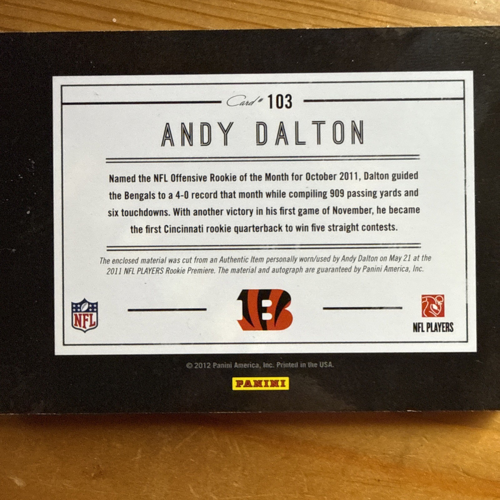 2011 PANINI PLAYBOOK ANDY DALTON #103 ROOKIE GOLD JERSEY PATCH AUTO BOOK 169/399
