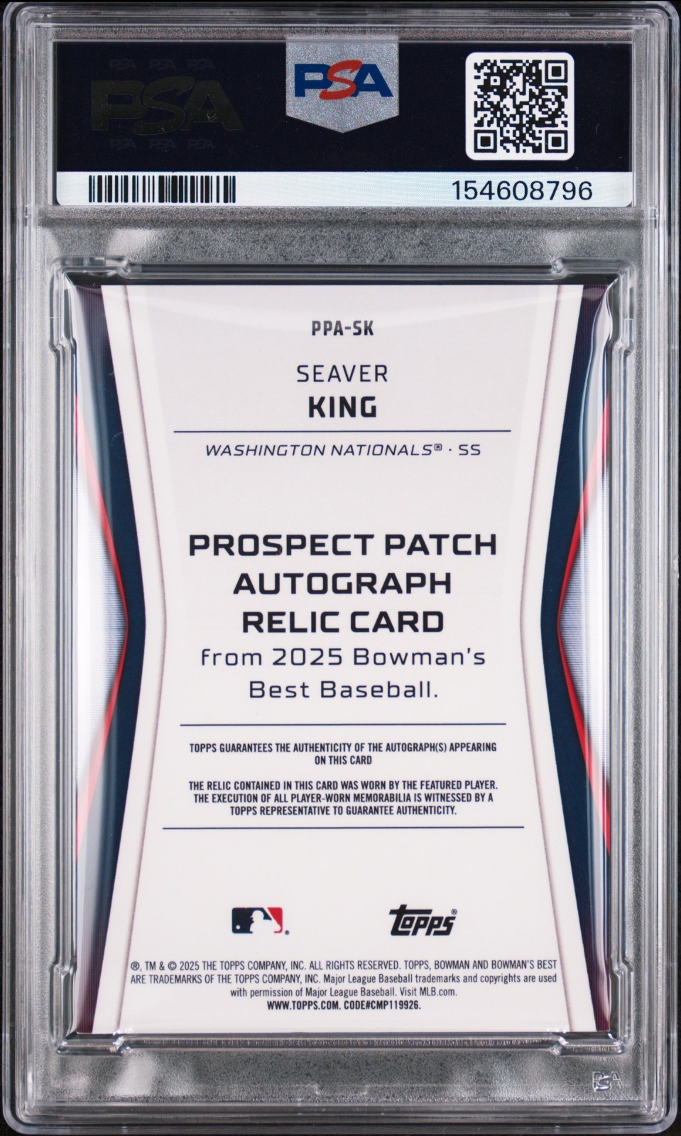 2025 BOWMAN’S BEST SEAVER KING PROSPECT PATCH AUTO ORANGE /25 PLAYER WORN PSA 8