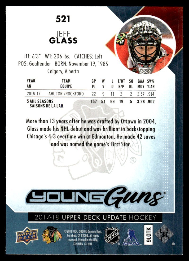 2017-18 Upper Deck Young Guns YG RC Jeff Glass Rookie Chicago Blackhawks #521