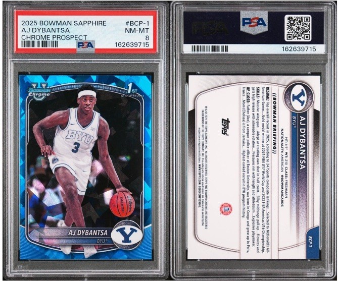AJ DYBANTSA 2025-26 BOWMAN CHROME 1ST SAPPHIRE REFRACTOR PSA 8