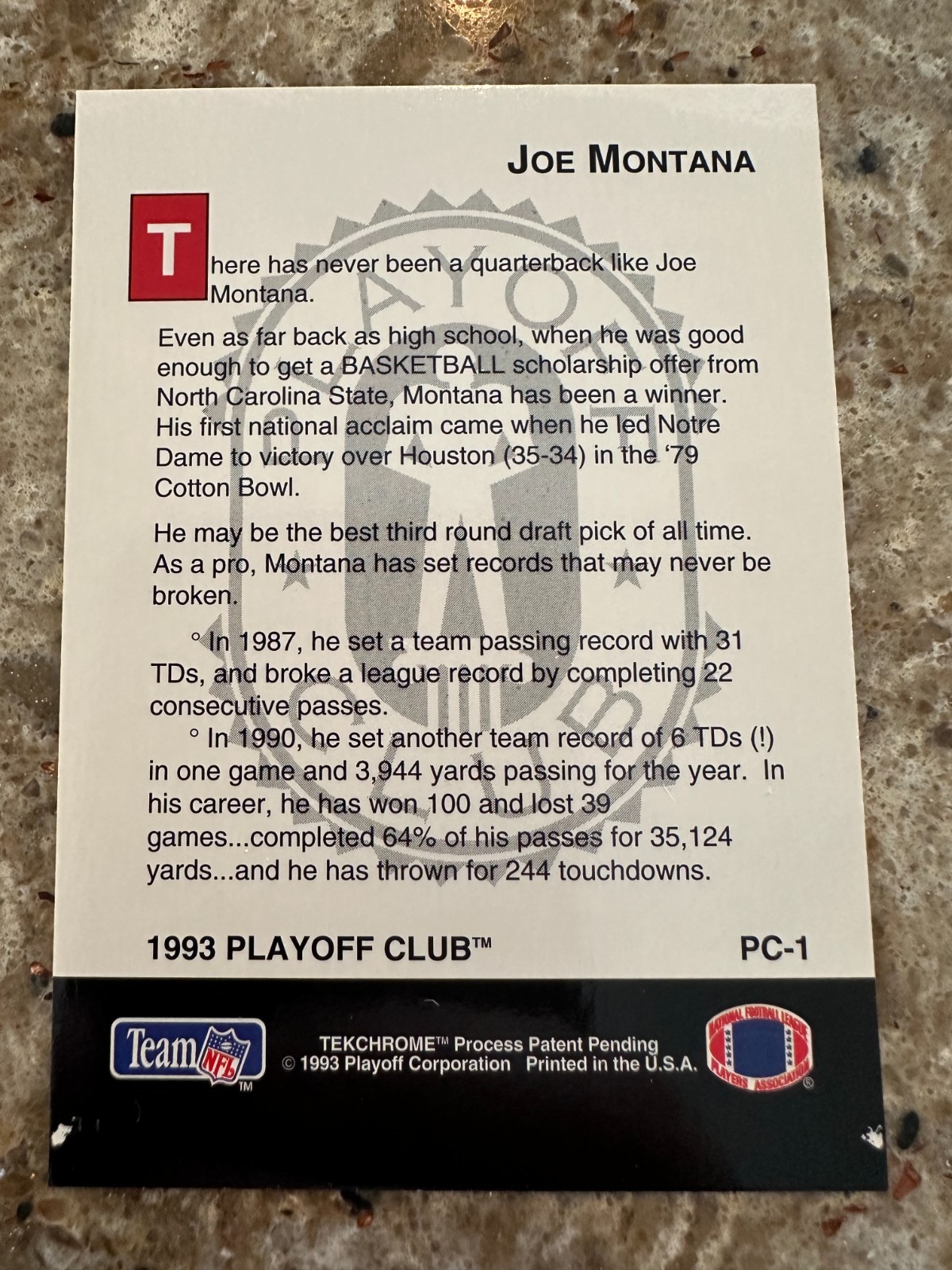 Joe Montana 1993 Playoff Club #PC-1 Kansas City Chiefs HOF