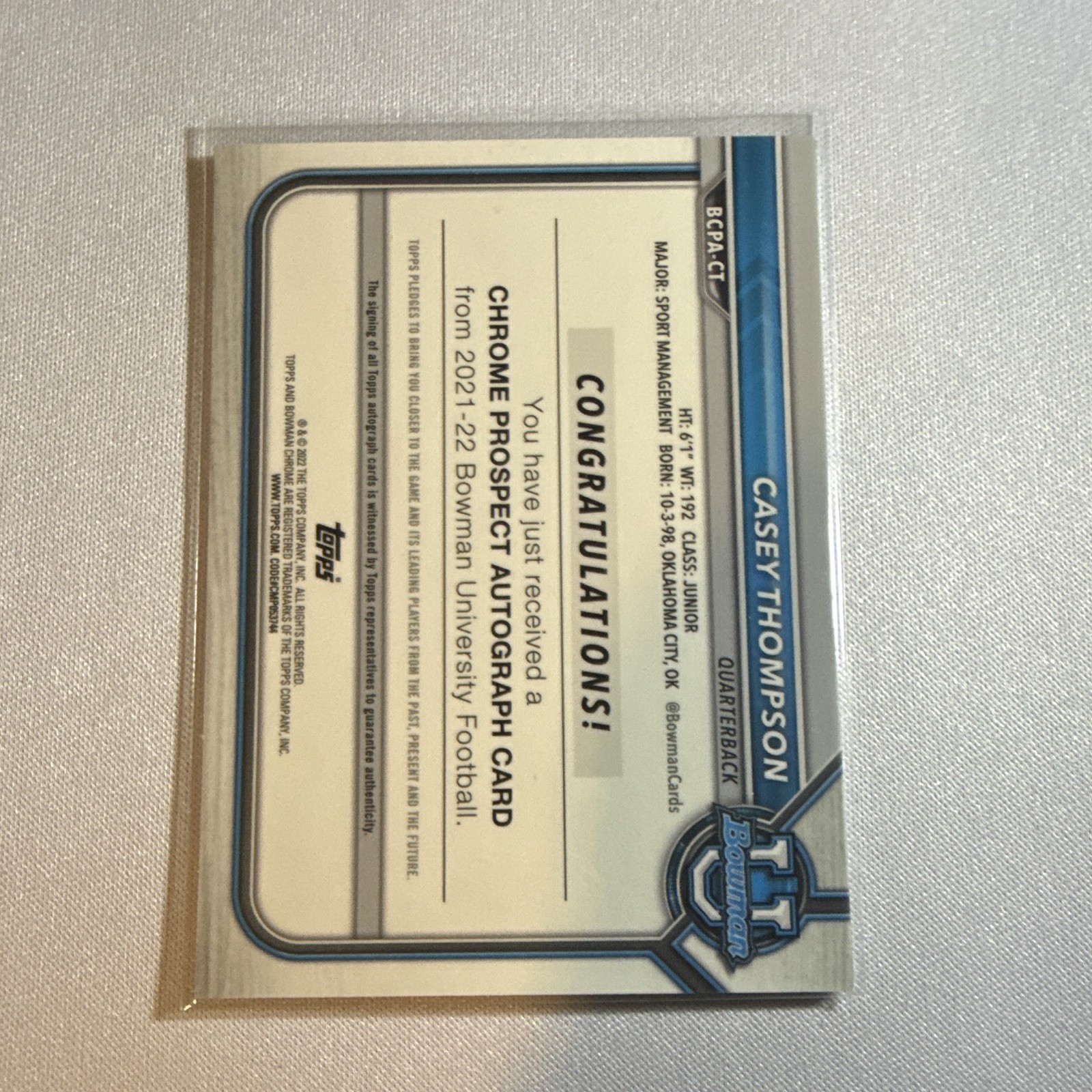Topps 2021-22 Bowman Univ Football Casey Thompson Sooners Auto BCPA-CT /99
