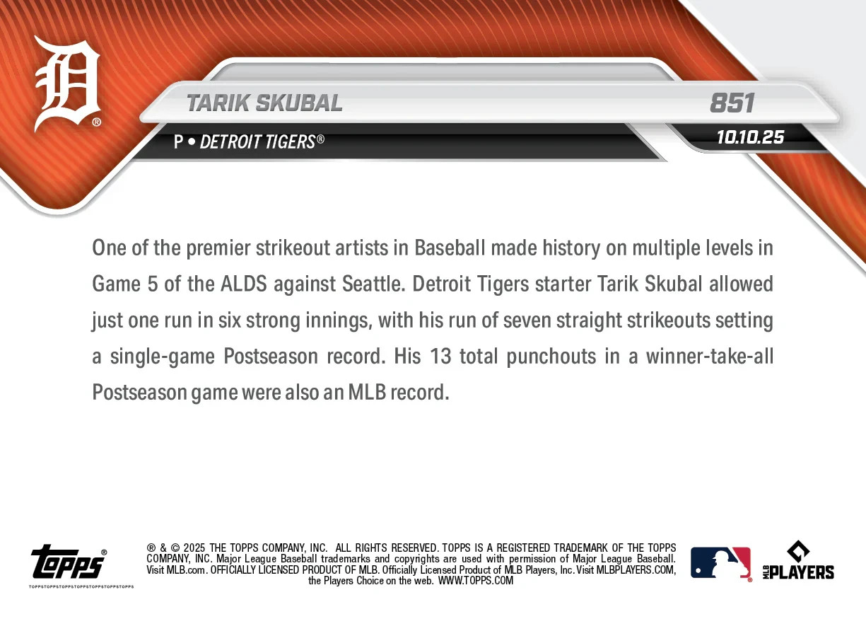 2025 Topps Now Card 851 Tarik Skubal Post Season SO History -25 Cents Shipping!