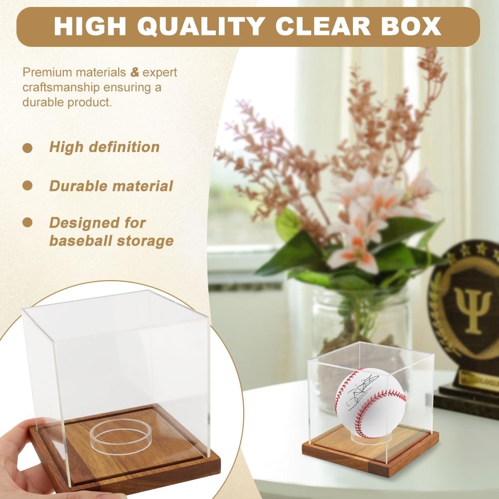 Baseball Display Cube – Clear Acrylic Baseball Holder Case with Wooden Base, …