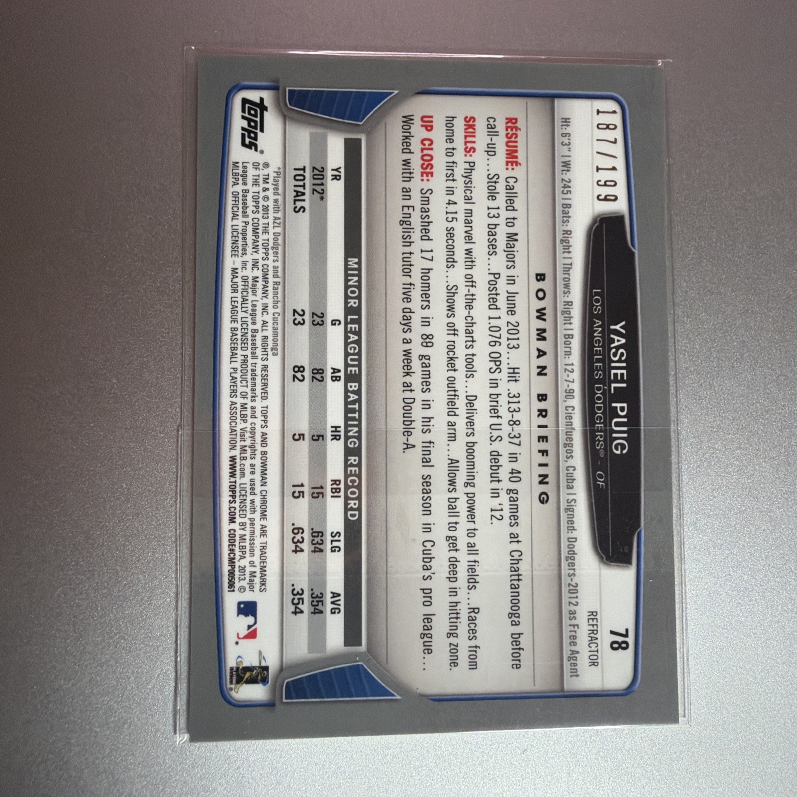 2013 Bowman Chrome – Yasiel Puig #78 Purple Refractor /199 (RC)