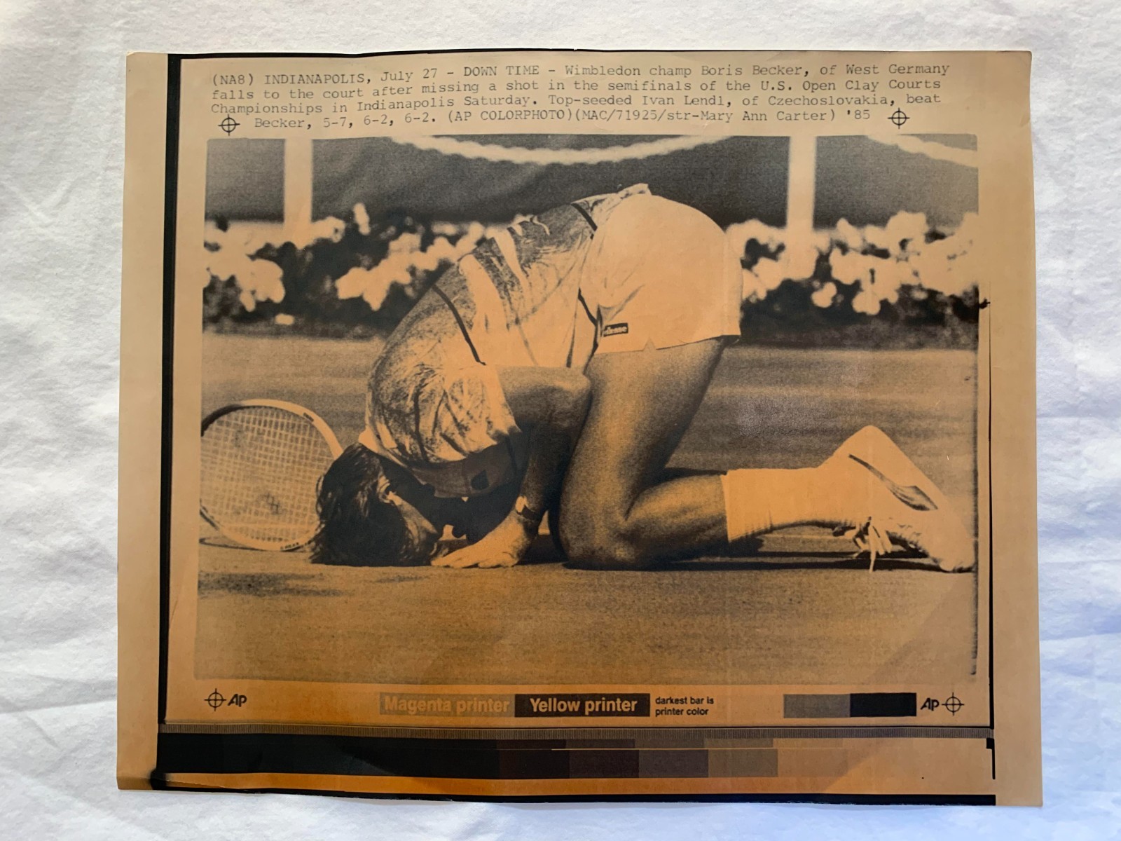 1985 Vintage A/P Laser Copy Photo Becker Falls vs Lendl Indianapolis Semifinal