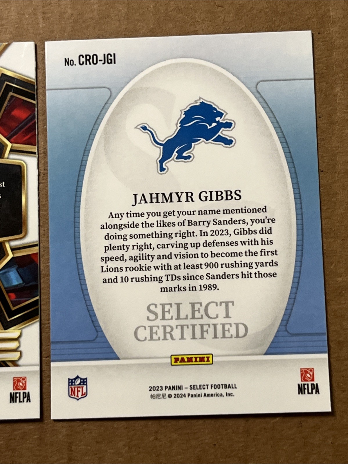Jahmyr Gibbs 2023 Select Numbers, Future & Select Certified Football Cards.