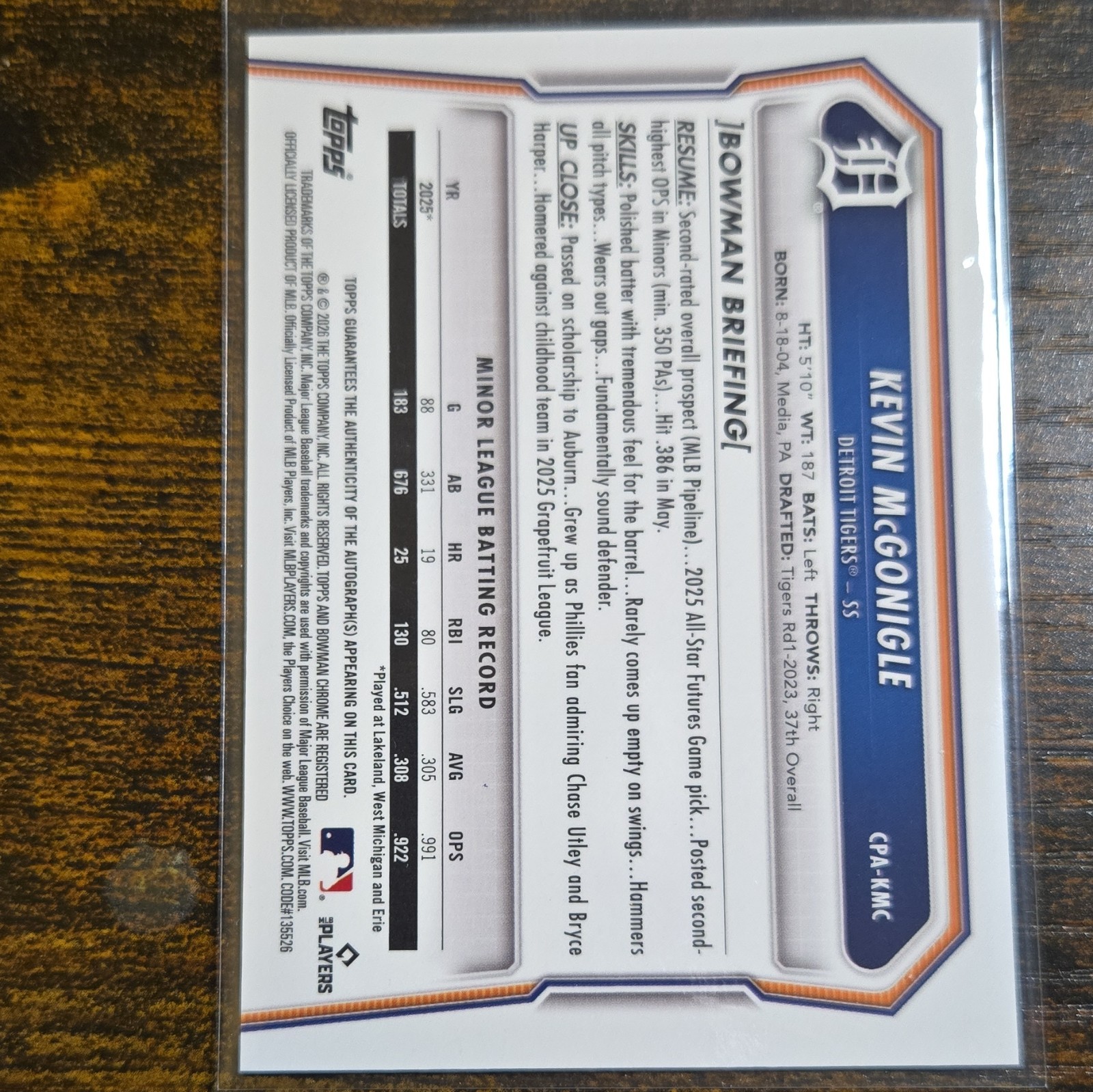 2026 Bowman Chrome Kevin McGonigle Tigers Purple Refractor Auto /250