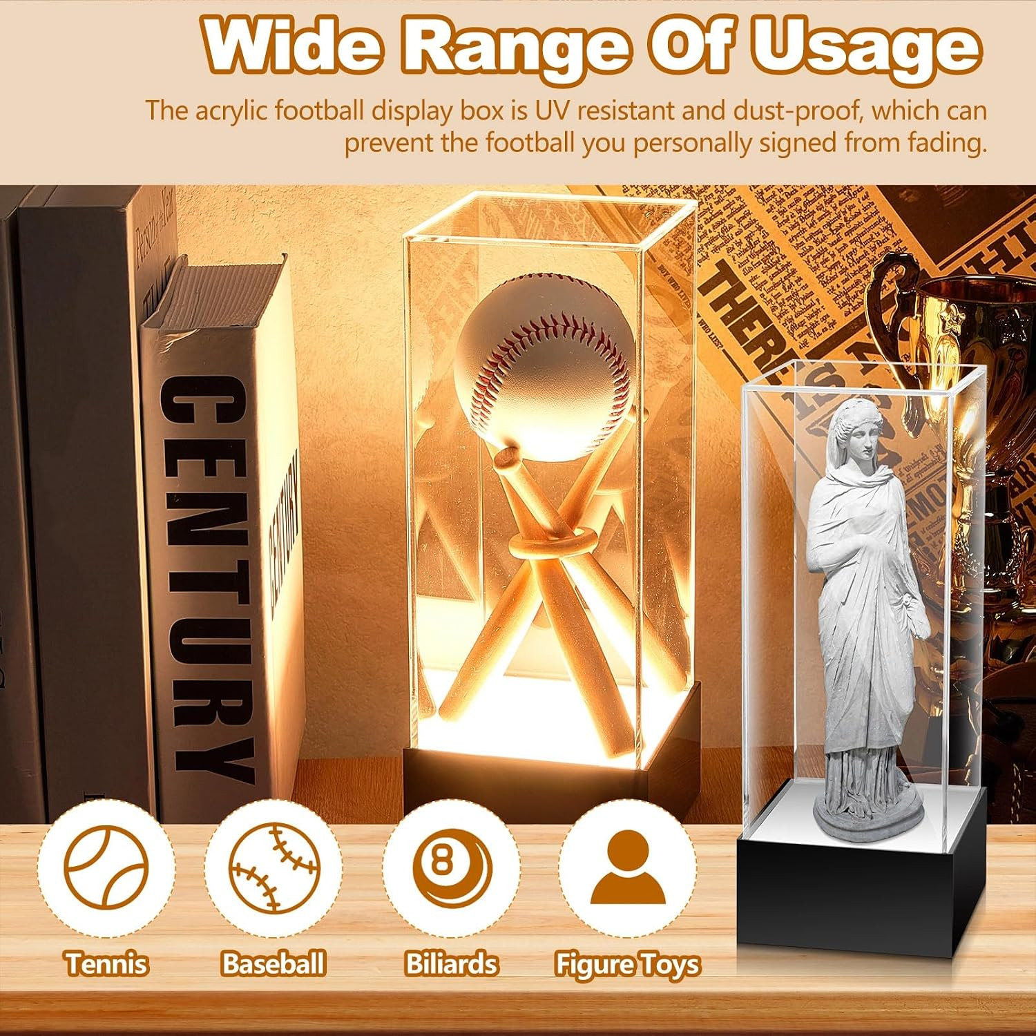 Baseball Display Case with LED Light Base Stand Holder, Wooden Sticks