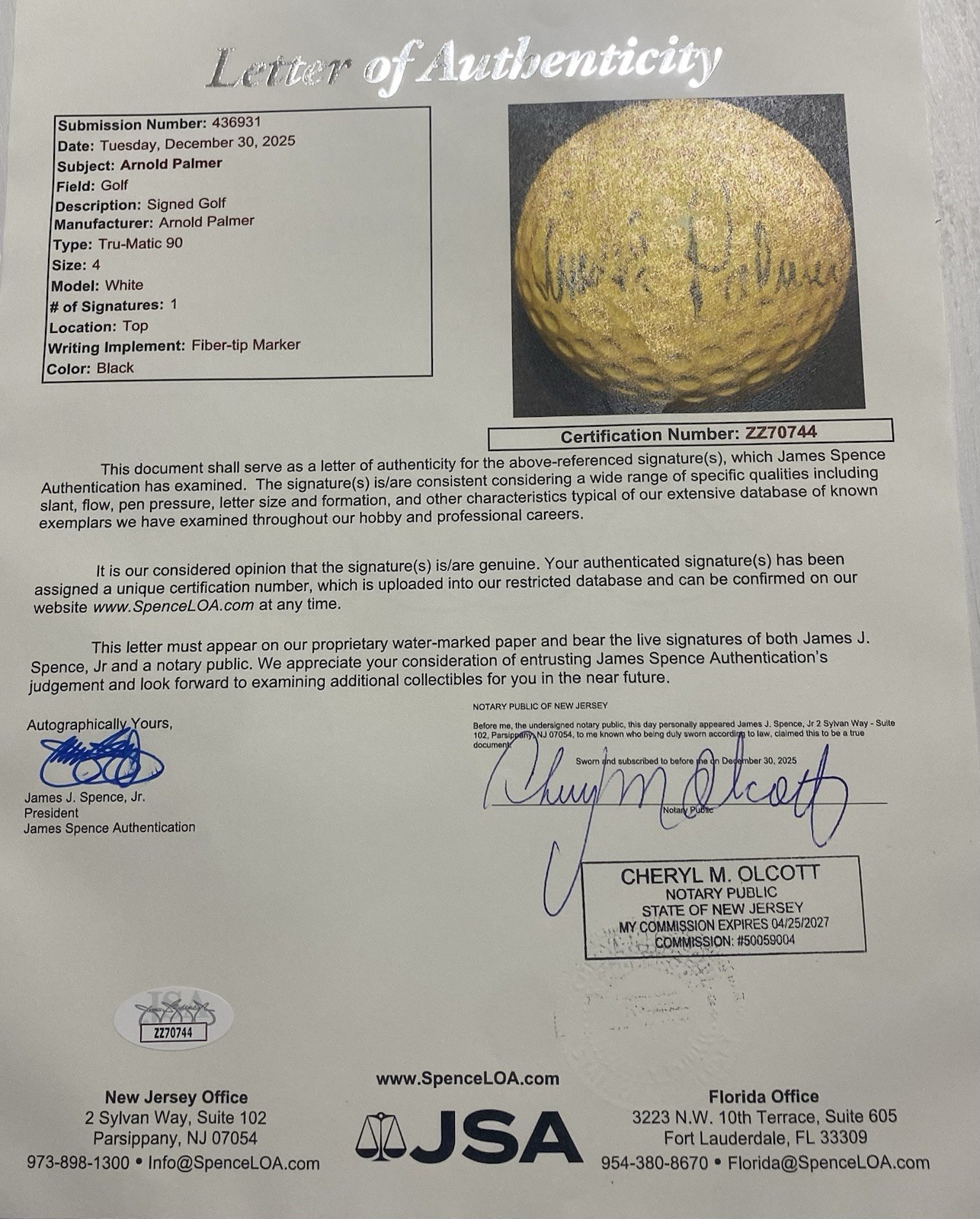Arnold Palmer Signed 1965 Golf ball JSA