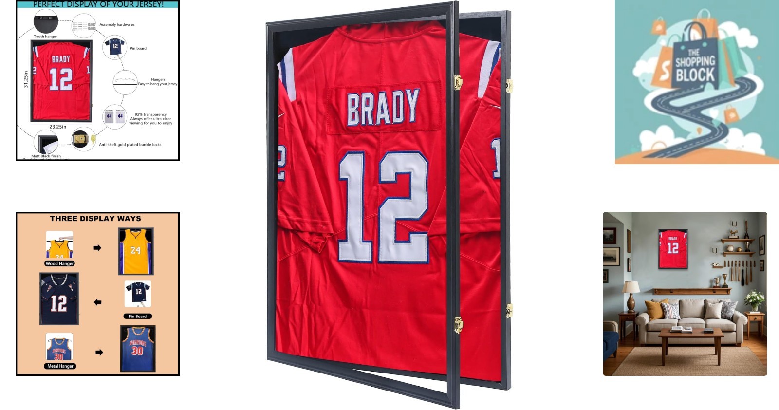 Black Wooden Jersey Display Case with UV-Protected Acrylic & Three Mounting O…