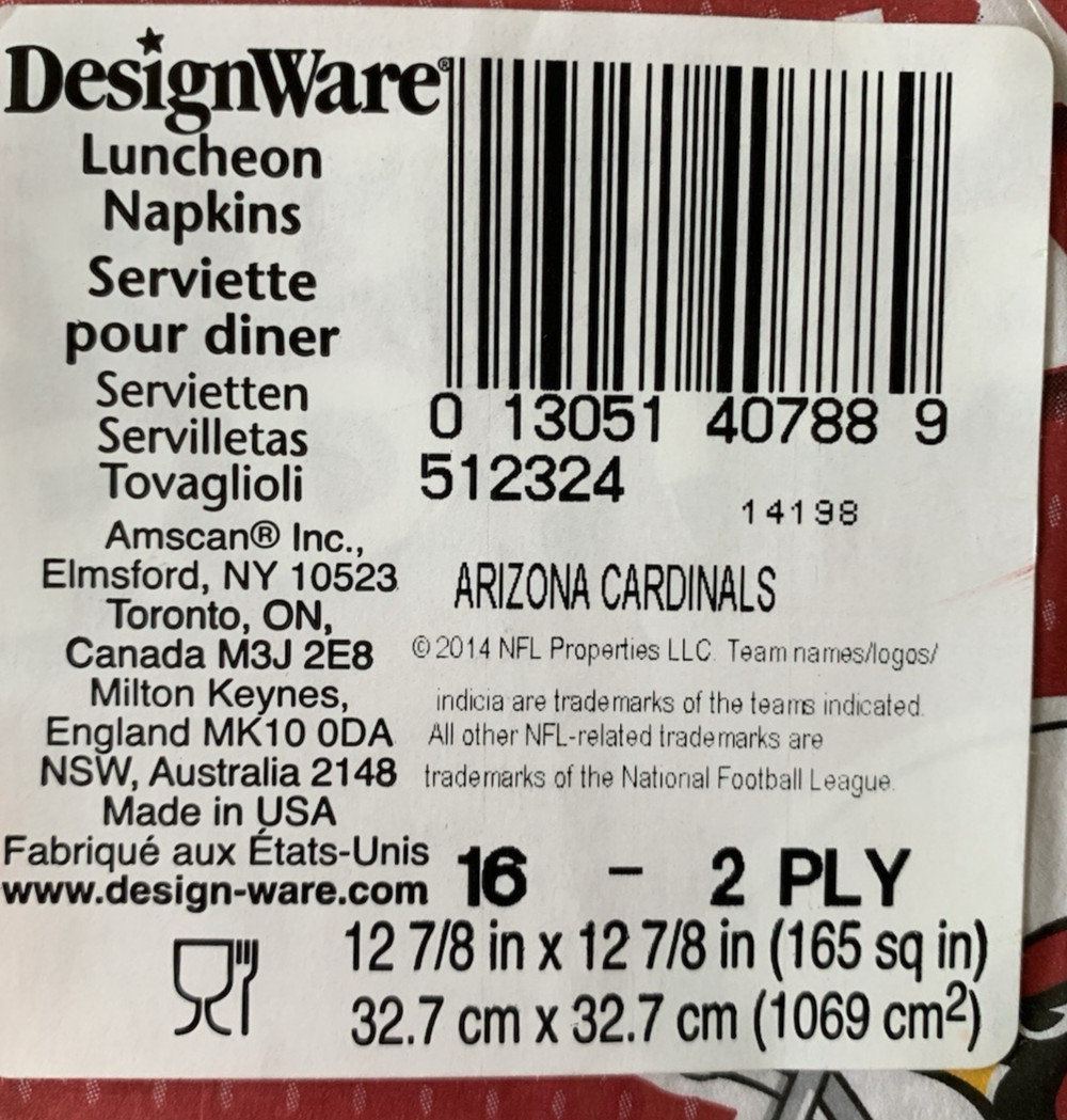 Arizona Cardinals Napkins 2 Packs of 16 Each 2 Ply 12 7/8″ X 12 7/8″ Brand New