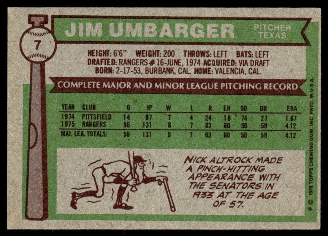1976 Topps Jim Umbarger RC Texas Rangers #7