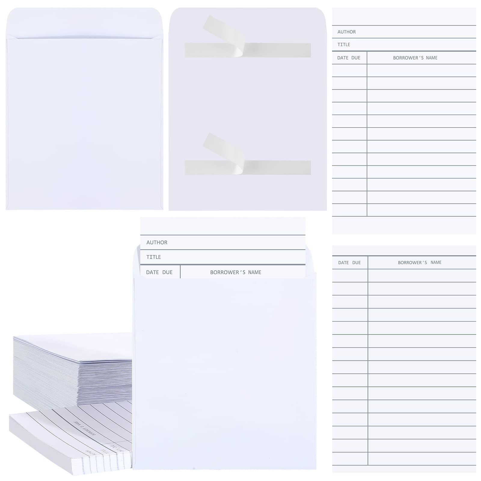 100 Pcs Self Adhesive Library Cards Paper Pockets And Books Kits Inclu