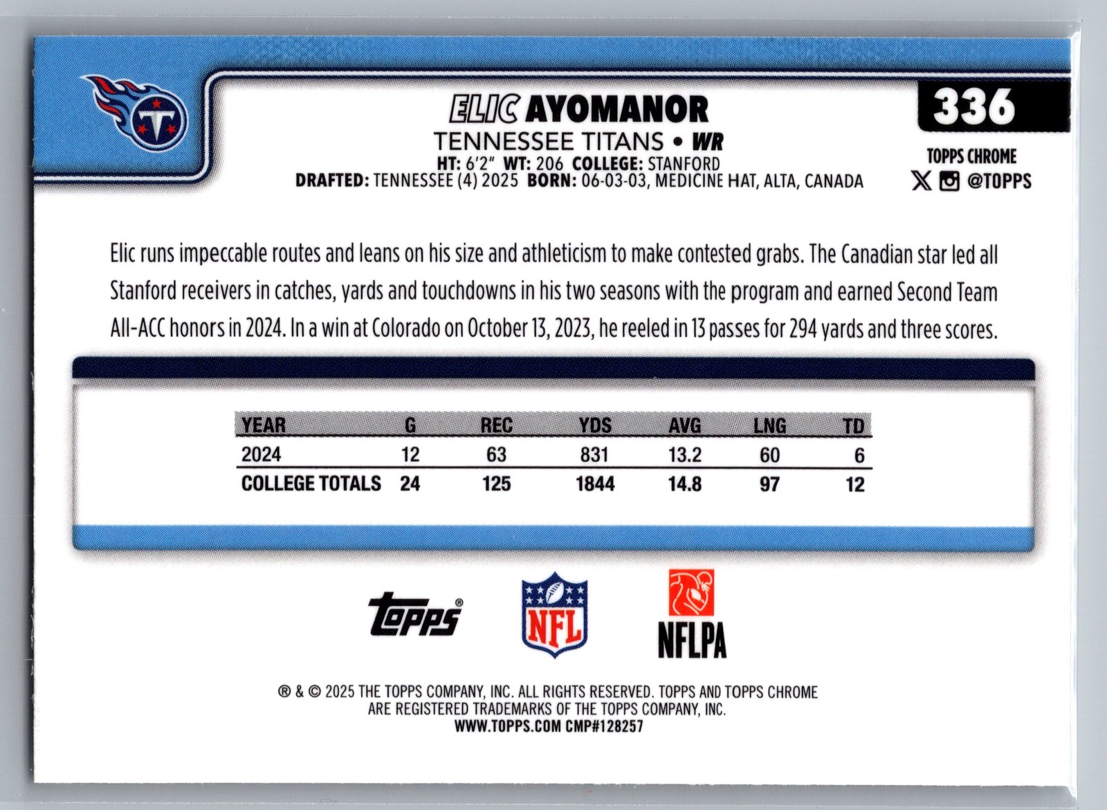 2025 Topps Chrome #336 Elic Ayomanor
