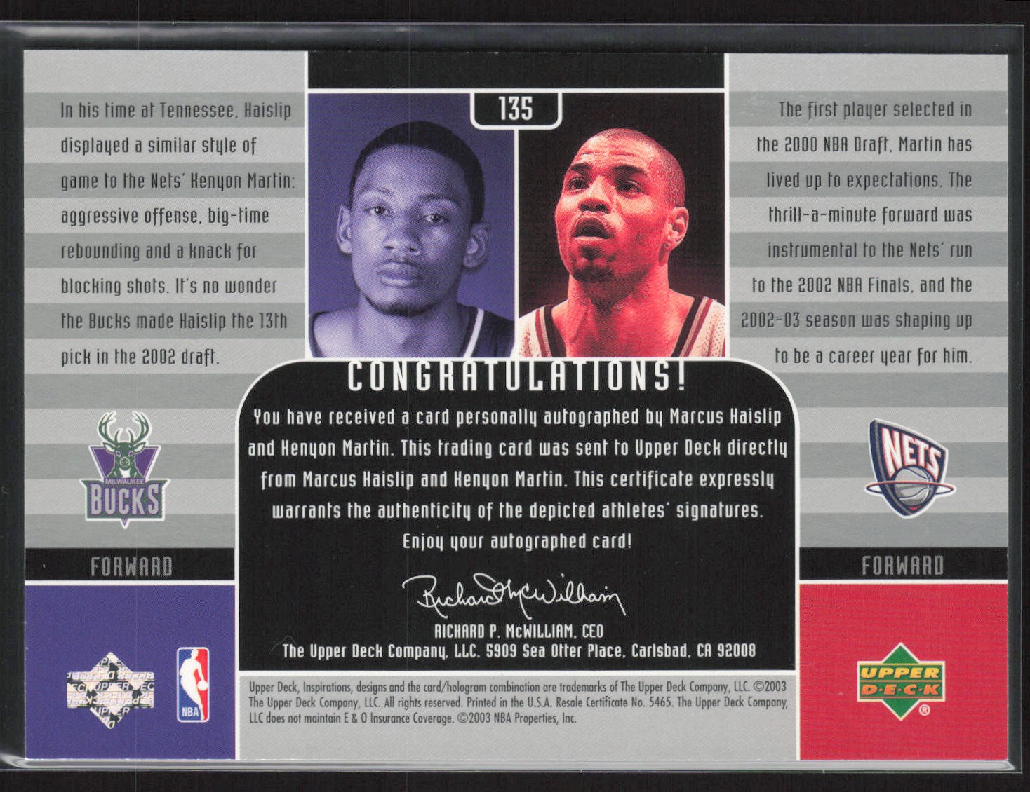 2002-03 Upper Deck Inspirations Marcus Haislip Kenyon Martin Dual Auto #/1600
