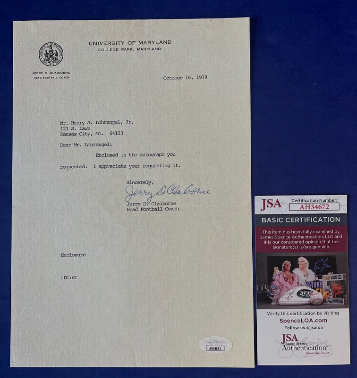 Jerry Clairborne Signed 7.25×10.5 University Of Maryland Letter 1979 JSA COA