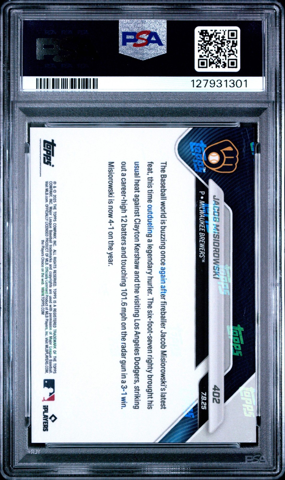 Graded 2025 Topps Now Jacob Misiorowski #402 Rookie RC Baseball Card PSA 10 Gem