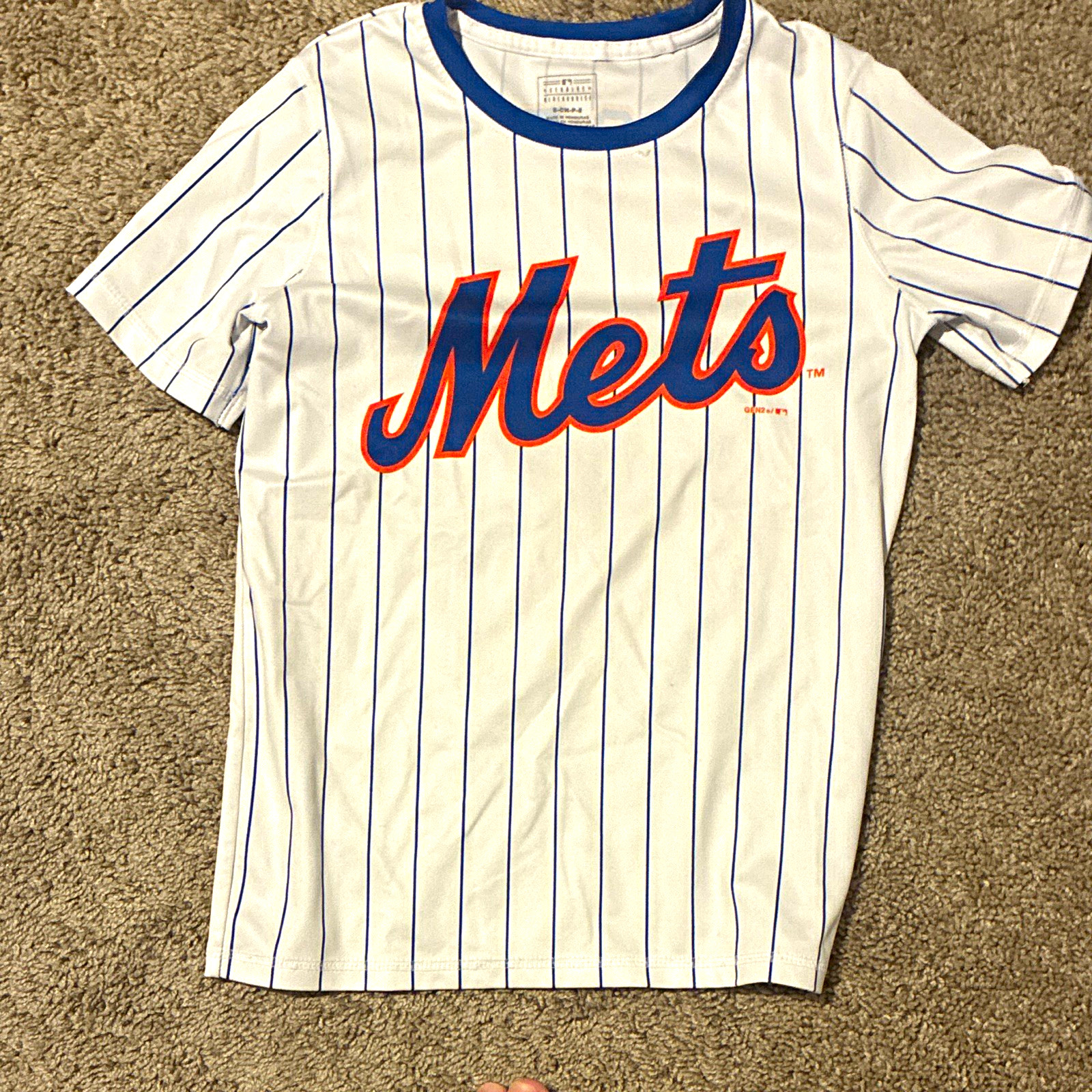 New York Mets Jacob deGrom #48 Pinstripe Jersey Style Shirt White Blue Orange