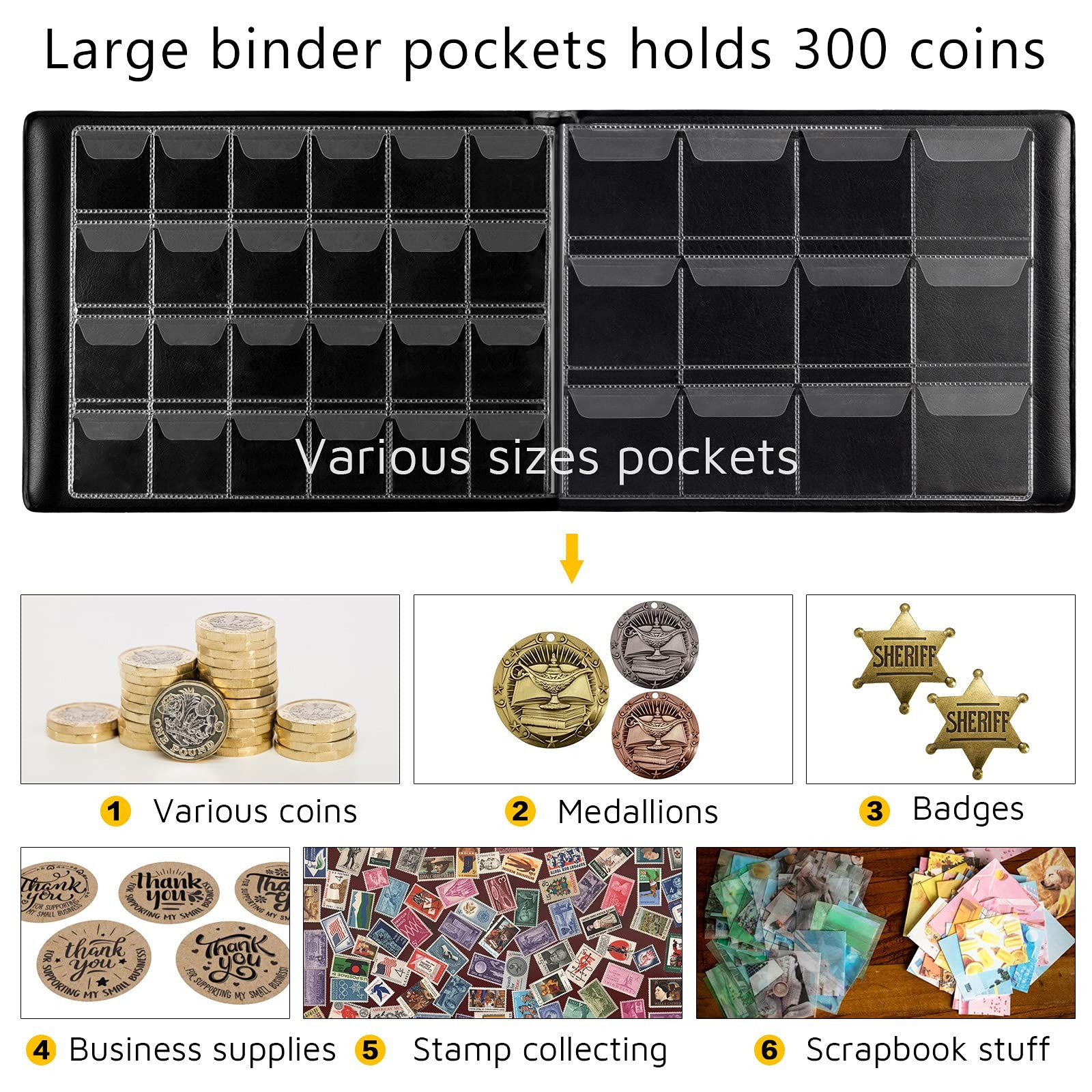 Coin Collection Supplies Holder Book for Collectors, 12 x 12 inches, Black