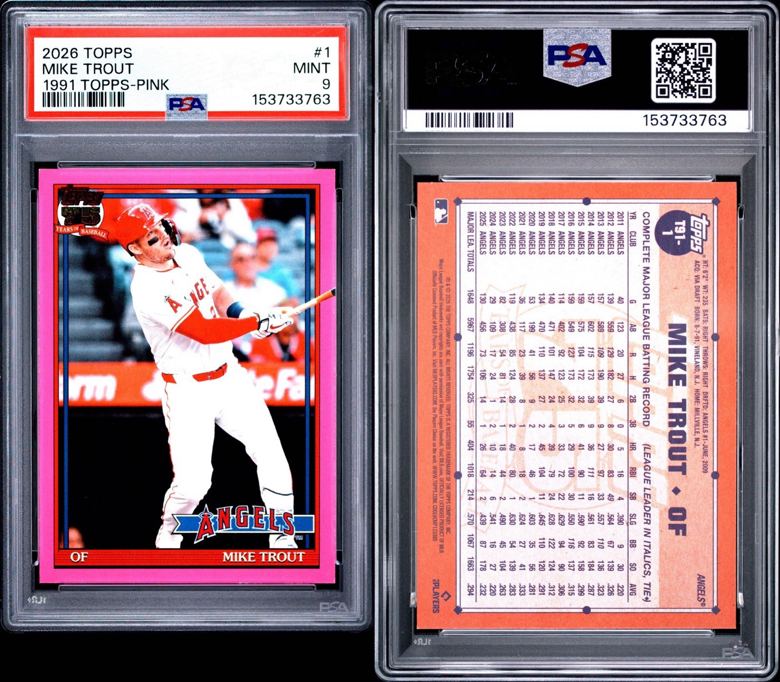 Topps 2026 Series 1 Mike Trout Angels 1991 Topps Baseball T91-1 Pink PSA 9