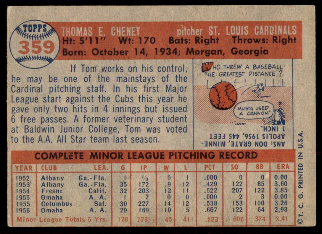 1957 Topps #359 TOM CHENEY St. Louis Cardinals VGEX