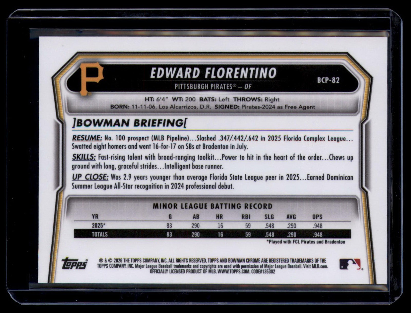2026 Bowman #BCP-82 Edward Florentino Chrome Prospects Reptilian Refractor