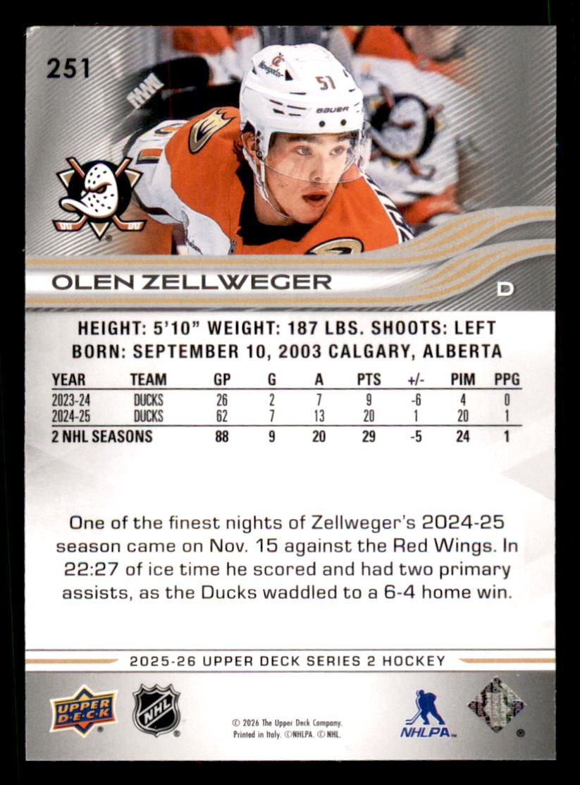 2025-26 Upper Deck #251 Olen Zellweger Anaheim Ducks