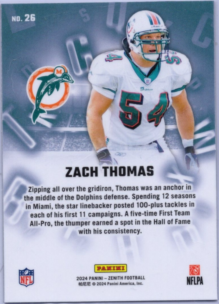 2024 Panini Zenith – A to Z Zach Thomas #26 Miami Dolphins