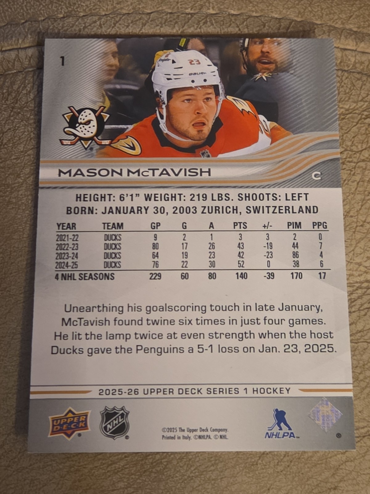 Mason McTavish #1 Upper Deck NHL Hockey 2025-26 Anaheim Ducks