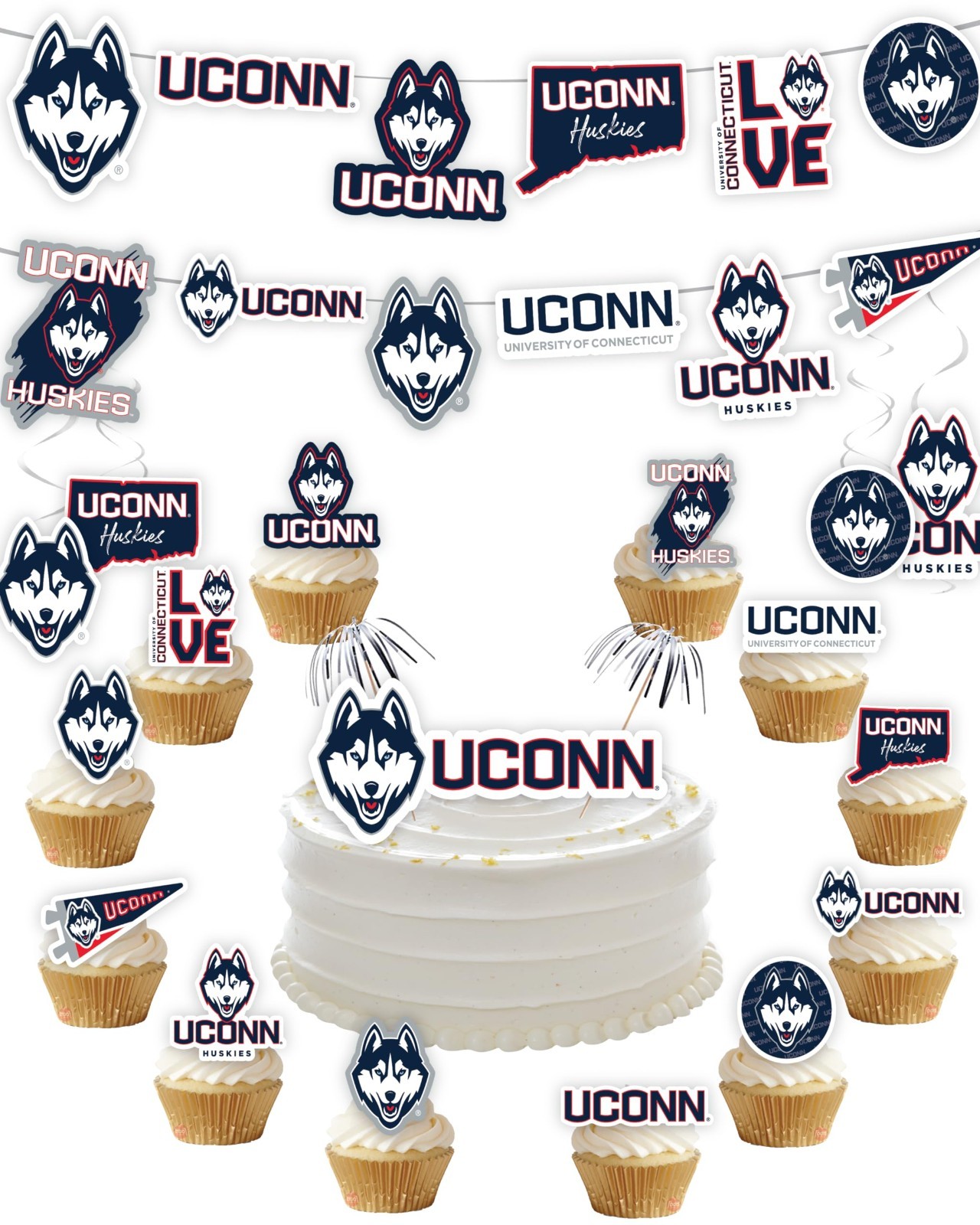 UConn Huskies Party Supplies Set – 42 Pc Banner & Cupcake Toppers for Graduation